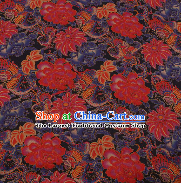 Asian Chinese Gambiered Guangdong Gauze Traditional Satin Plain Classical Red Peony Pattern Cheongsam Silk Drapery