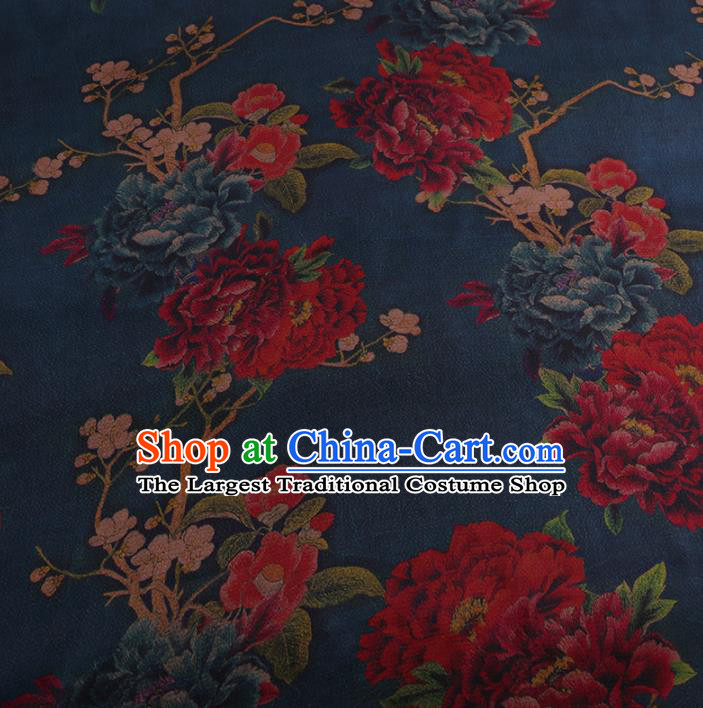 Chinese Traditional Navy Gambiered Guangdong Gauze Satin Plain Classical Peony Pattern Cheongsam Silk Drapery