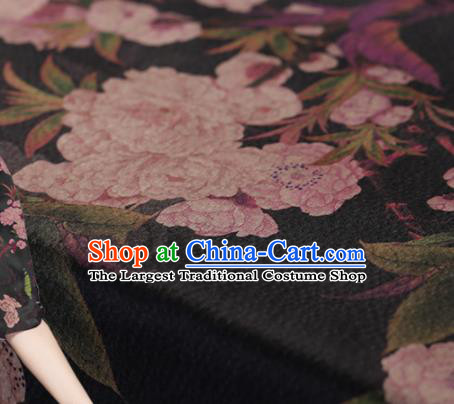 Chinese Traditional Black Gambiered Guangdong Gauze Satin Plain Classical Peony Pattern Cheongsam Silk Drapery