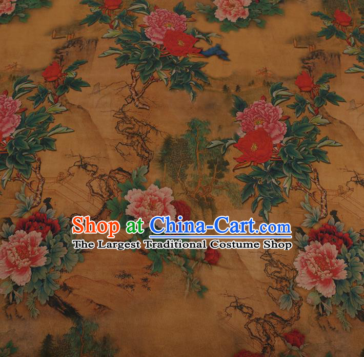 Traditional Chinese Golden Gambiered Guangdong Gauze Satin Plain Classical Peony Pattern Cheongsam Silk Drapery