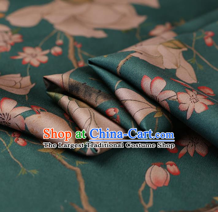 Traditional Chinese Green Gambiered Guangdong Gauze Satin Plain Classical Yulan Magnolia Pattern Cheongsam Silk Drapery