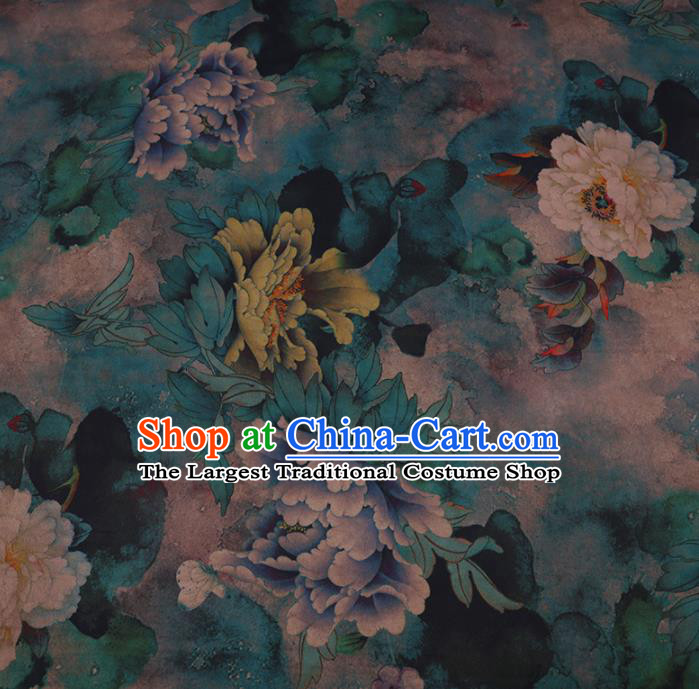 Traditional Chinese Green Gambiered Guangdong Gauze Satin Plain Classical Peony Pattern Cheongsam Silk Drapery