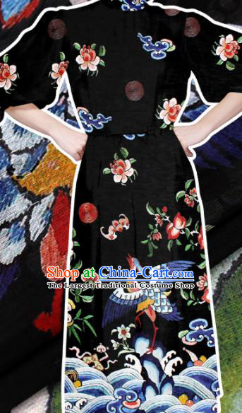 Chinese Traditional Brocade Fabric Palace Cranes Pattern Satin Plain Cheongsam Black Silk Drapery