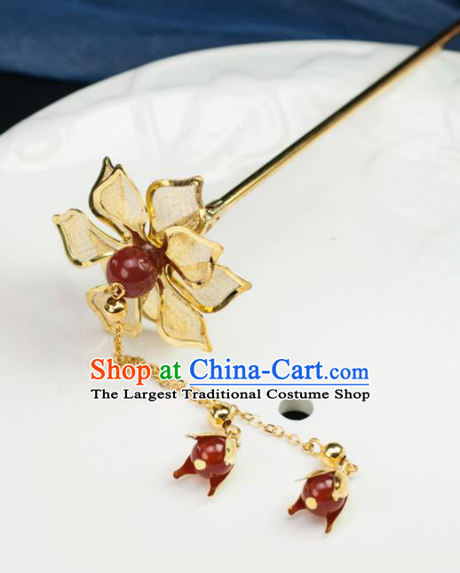 Chinese Traditional Hanfu Hair Accessories Ancient Golden Peony Tassel Hairpins for Women