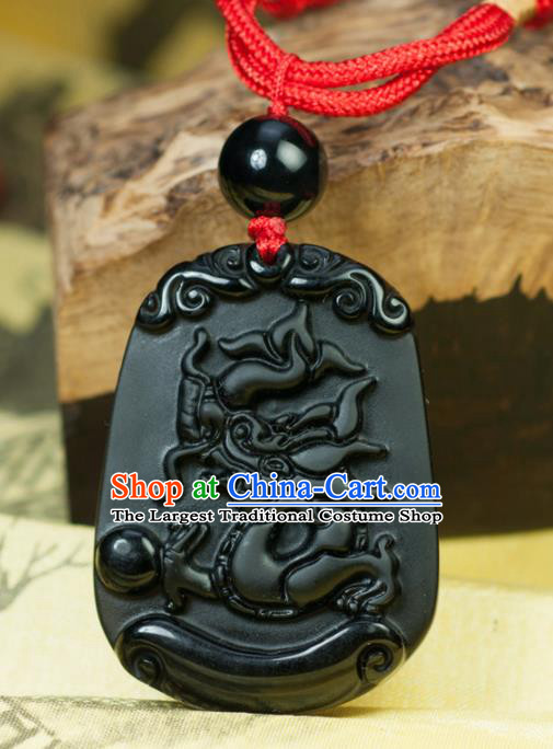 Chinese Traditional Jewelry Accessories Carving Dragon Obsidian Artware Handmade Pendant