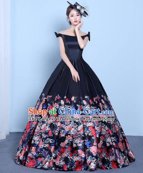 Top Performance Catwalks Costumes Wedding Dress Printing Black Full Dress for Women