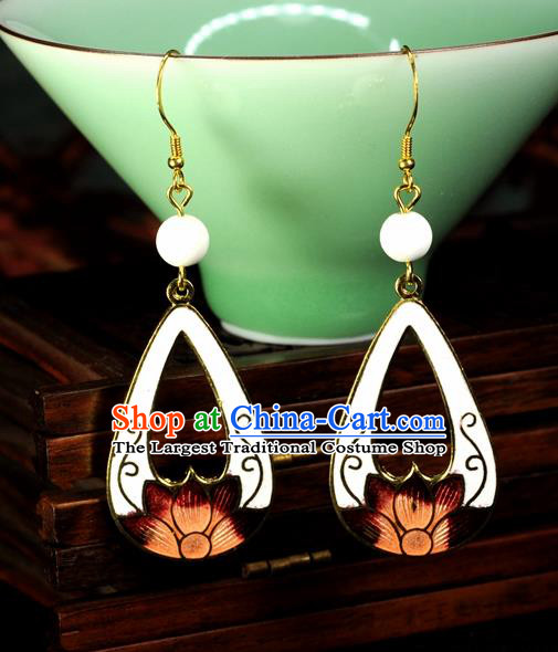 Chinese Traditional Jade Jewelry Accessories Ancient Hanfu Cloisonne White Lotus Earrings for Women