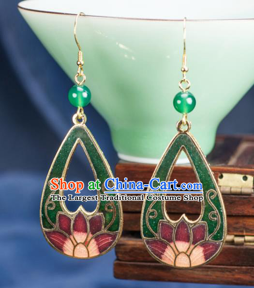 Chinese Traditional Jade Jewelry Accessories Ancient Hanfu Cloisonne Green Lotus Earrings for Women