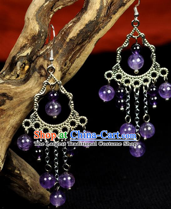 Chinese Traditional Jewelry Accessories Ancient Hanfu Purple Beads Earrings for Women