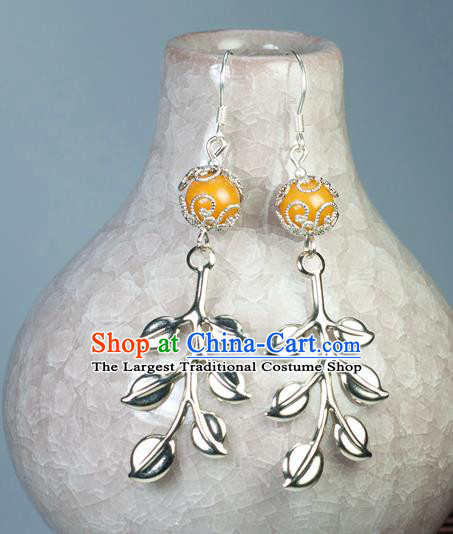 Chinese Traditional Jewelry Accessories Ancient Hanfu Orange Bead Earrings for Women