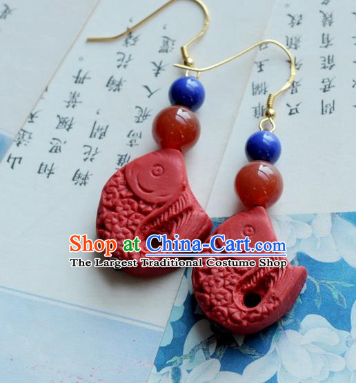 Chinese Traditional Jewelry Accessories Ancient Hanfu Red Lacquerware Carp Earrings for Women