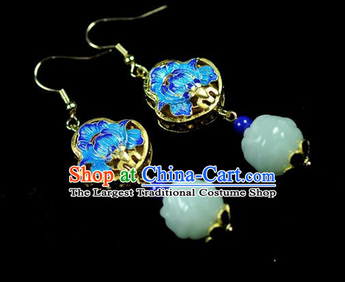 Chinese Traditional Jewelry Accessories Ancient Hanfu Blueing Lotus Jade Earrings for Women