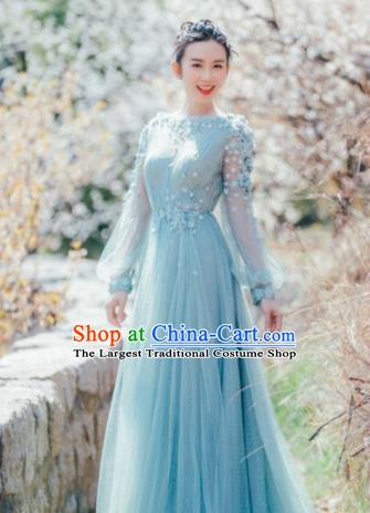 Top Performance Catwalks Costumes Blue Flowers Fairy Dress Full Dress for Women