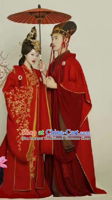 Chinese Traditional Wedding Dresses Ancient Bride and Bridegroom Embroidered Costumes Complete Set