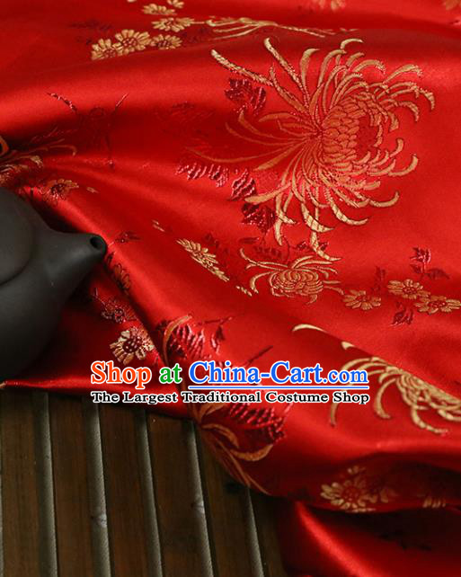 Red Brocade Chinese Traditional Silk Fabric Material Classical Chrysanthemum Pattern Design Satin Drapery