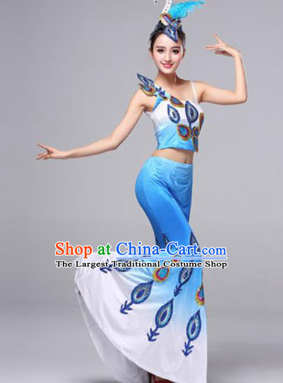 Chinese Traditional Dai Ethnic Costumes Minority Nationality Folk Dance Pavane Blue Dress for Women