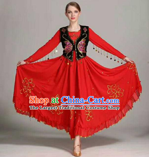 Chinese Traditional Uigurian Ethnic Costumes Uyghur Minority Folk Dance Red Dress for Women