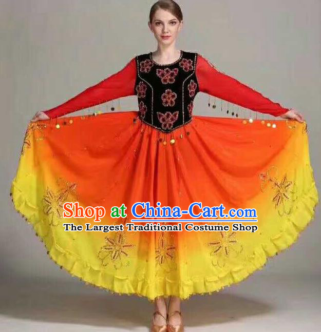 Chinese Traditional Uigurian Ethnic Costumes Uyghur Minority Folk Dance Orange Dress for Women