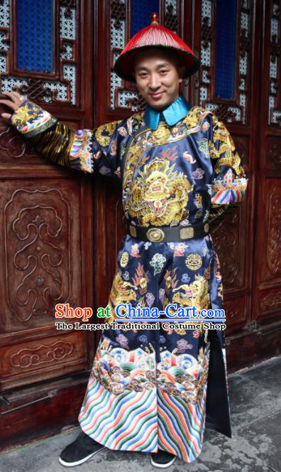 Chinese Traditional Ancient Qing Dynasty Manchu Minister Embroidered Costumes and Hat for Men