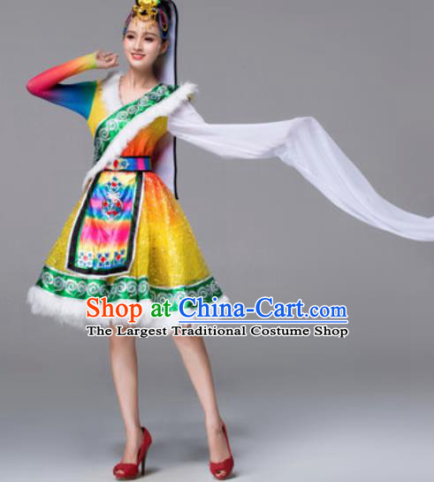 Chinese Traditional Ethnic Costumes Tibetan Minority Nationality Yellow Dress for Women