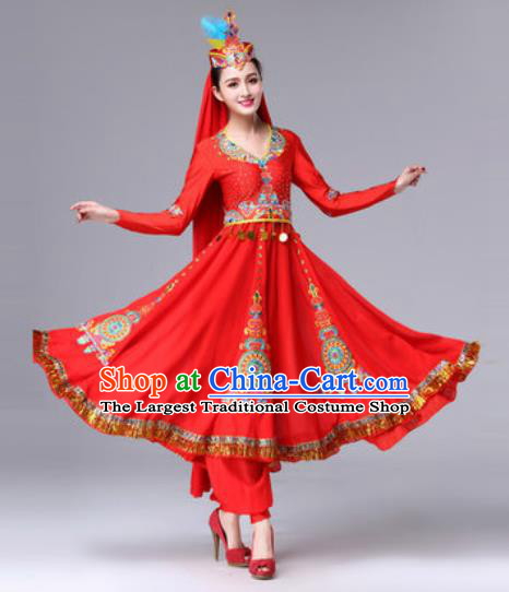 Chinese Traditional Ethnic Costumes Uyghur Minority Nationality Red Dress for Women