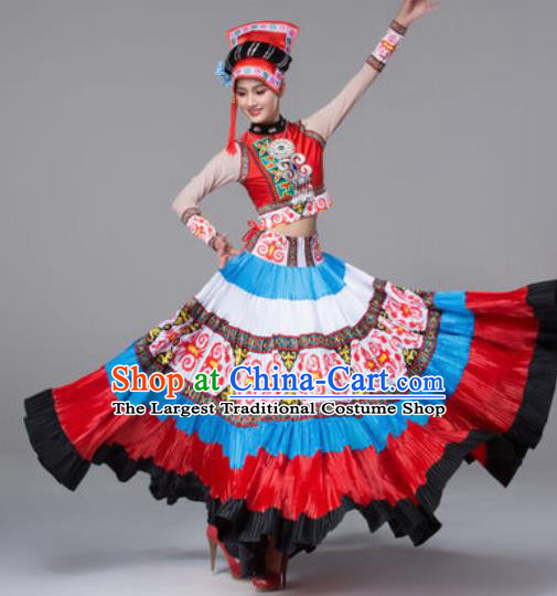 Chinese Traditional Ethnic Costumes Yi Minority Nationality Folk Dance Dress for Women