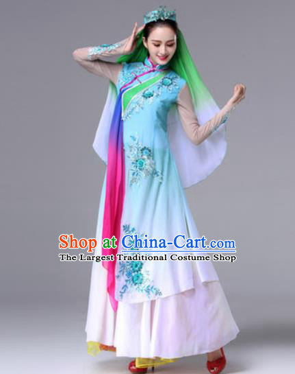 Chinese Traditional Ethnic Costumes Hui Minority Nationality Folk Dance Blue Dress for Women