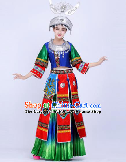 Chinese Traditional Miao Ethnic Costumes Hmong Minority Nationality Folk Dance Green Dress for Women