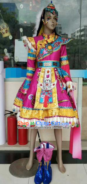 Chinese Traditional Zang Nationality Rosy Costumes Tibetan Folk Dance Ethnic Dress for Kids