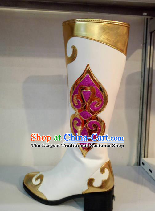 Chinese Traditional Mongolian Shoes Mongol Nationality Folk Dance White Boots for Women