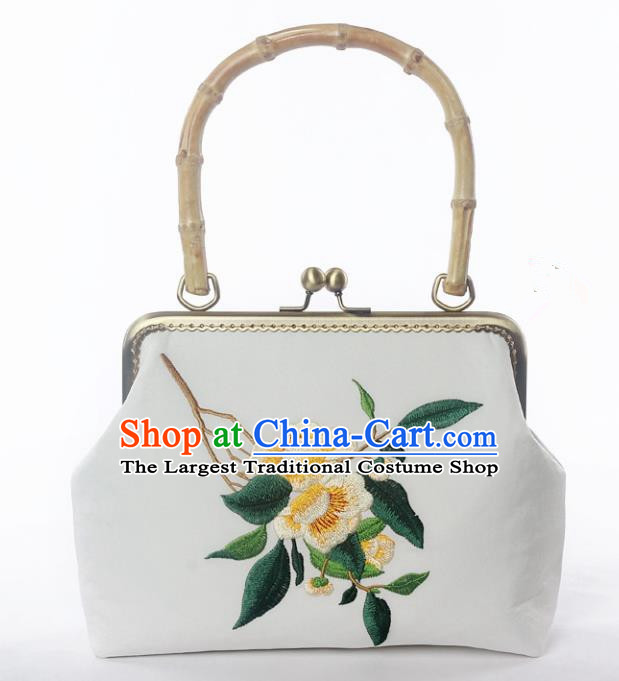 Chinese Traditional Handmade Embroidered Camellia White Bags Retro Handbag for Women