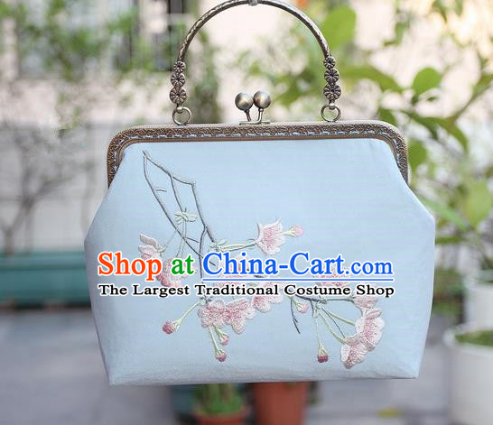 Chinese Traditional Handmade Embroidered Peach Blossom Blue Bag Retro Handbag for Women