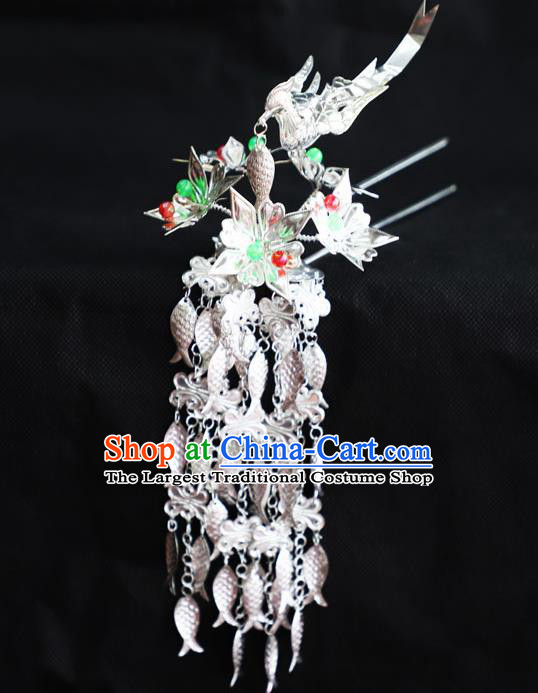 Chinese Traditional Miao Nationality Hair Accessories Sliver Phoenix Tassel Hairpins for Women