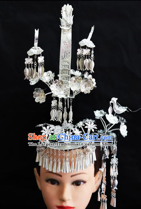 Chinese Traditional Miao Nationality Hair Accessories Phoenix Coronet Sliver Hairpins for Women