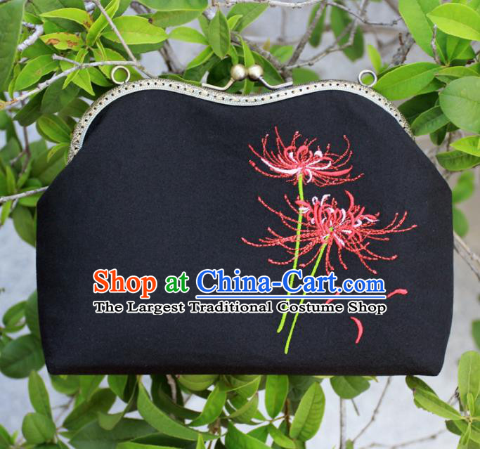 Chinese Traditional Handmade Embroidered Equinox Flower Black Bags Retro Handbag for Women