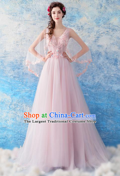 Top Grade Handmade Catwalks Costumes Compere Pink Veil Full Dress for Women