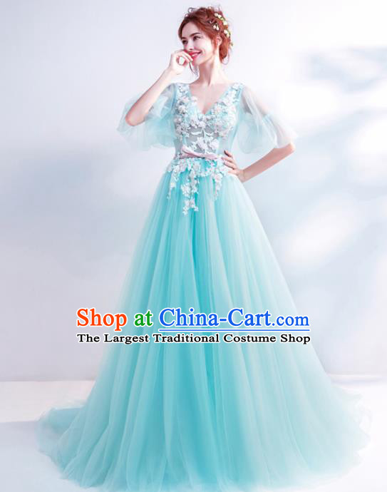 Top Grade Handmade Catwalks Costumes Compere Blue Lace Full Dress for Women