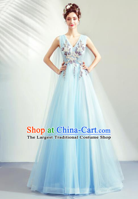 Top Grade Handmade Catwalks Costumes Compere Blue Veil Full Dress for Women