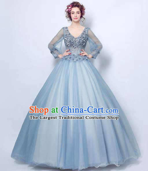 Top Grade Handmade Compere Costume Catwalks Blue Veil Formal Dress for Women