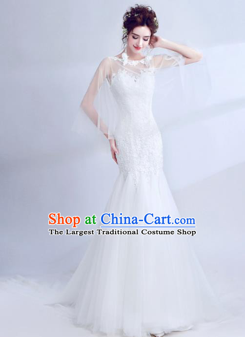 Top Grade Princess Fancy White Lace Wedding Mermaid Dress Handmade Wedding Gown for Women