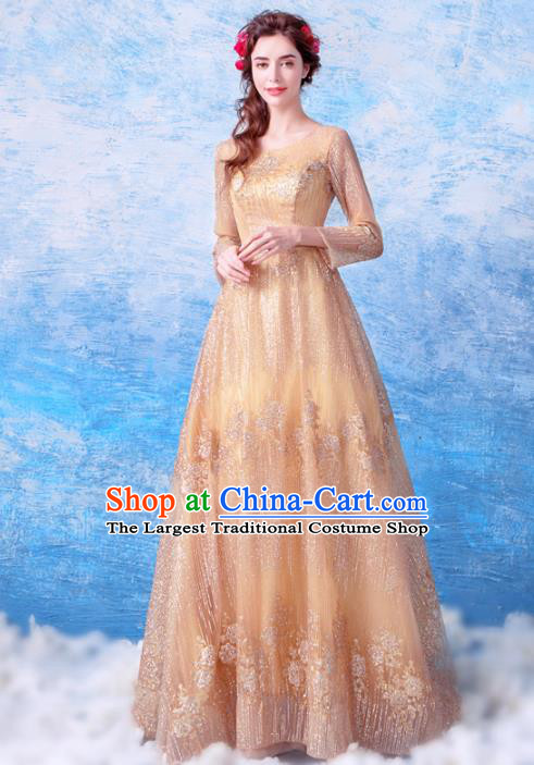 Top Grade Handmade Compere Costume Catwalks Golden Formal Dress for Women