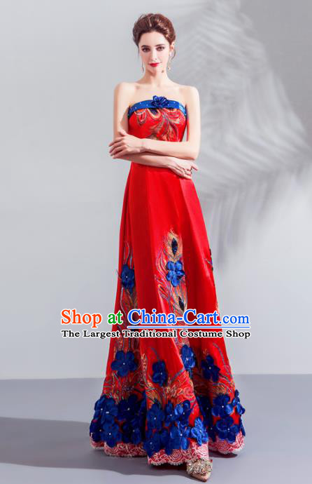 Top Grade Compere Embroidered Costume Handmade Catwalks Bride Red Formal Dress for Women