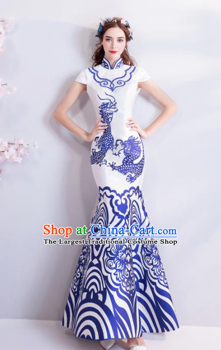 Chinese Traditional White Mermaid Cheongsam Costume Compere Full Dress for Women