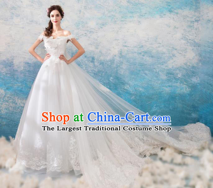 Top Grade Princess Trailing Wedding Dress Handmade Fancy White Wedding Gown for Women