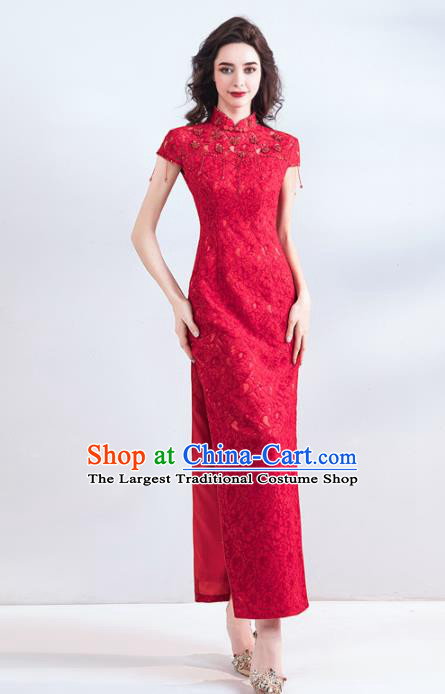 Chinese Traditional Red Cheongsam Wedding Bride Costume Compere Full Dress for Women