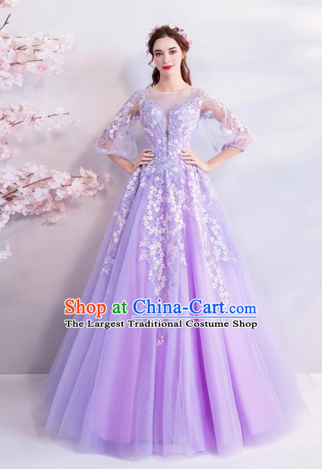 Handmade Top Grade Princess Purple Wedding Dress Fancy Embroidered Wedding Gown for Women