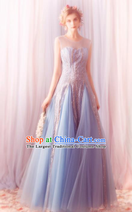 Top Grade Compere Formal Dress Handmade Catwalks Blue Veil Full Dress for Women