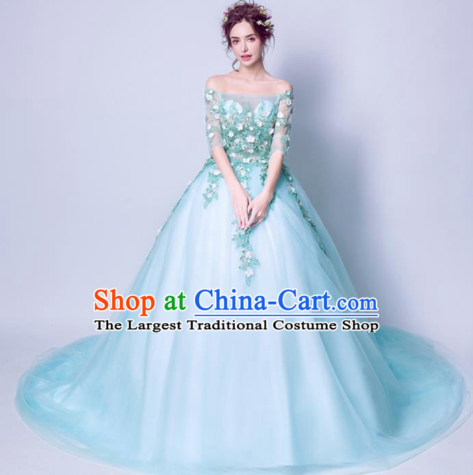 Top Grade Handmade Compere Costume Catwalks Blue Veil Formal Dress for Women