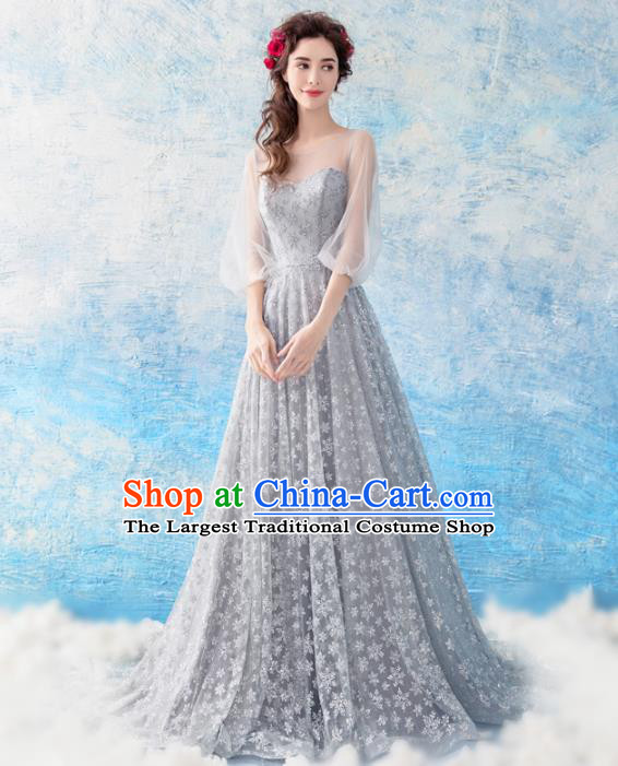 Top Grade Handmade Compere Costume Catwalks Grey Veil Formal Dress for Women