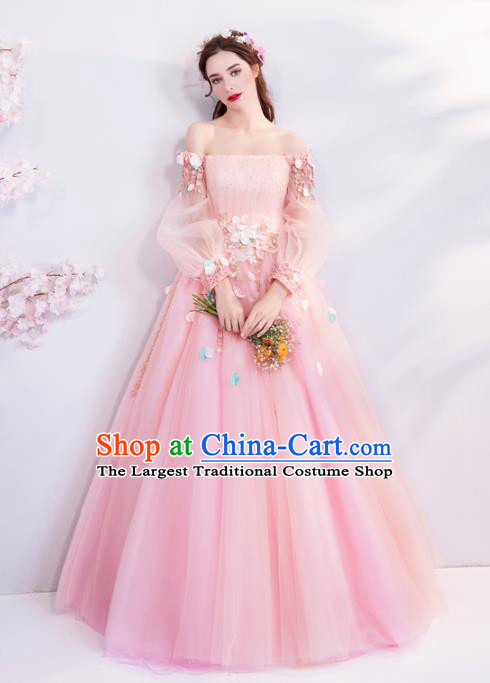 Handmade Princess Pink Veil Wedding Dress Fancy Embroidered Wedding Gown for Women